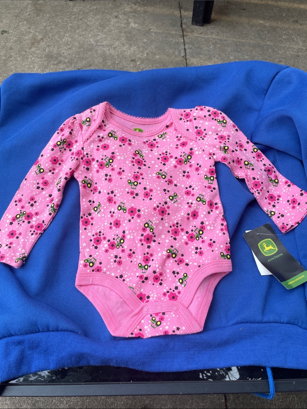 John Deere Pink Floral with Green Tractor Long-Sleeve Baby Bodysuit